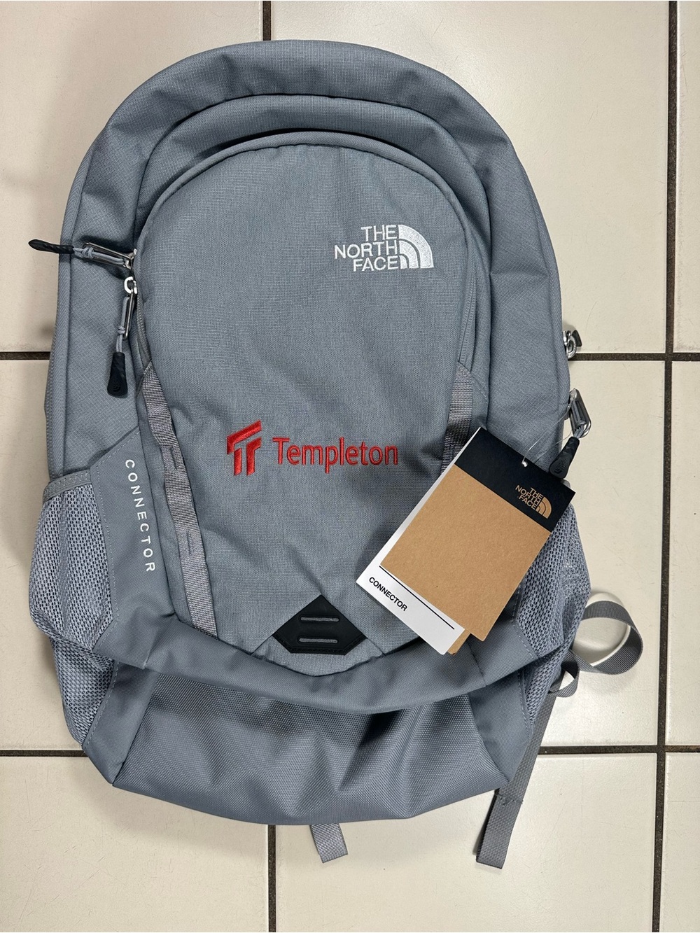 The North Face Connector Backpack in Light Gray with Red Templeton Logo
